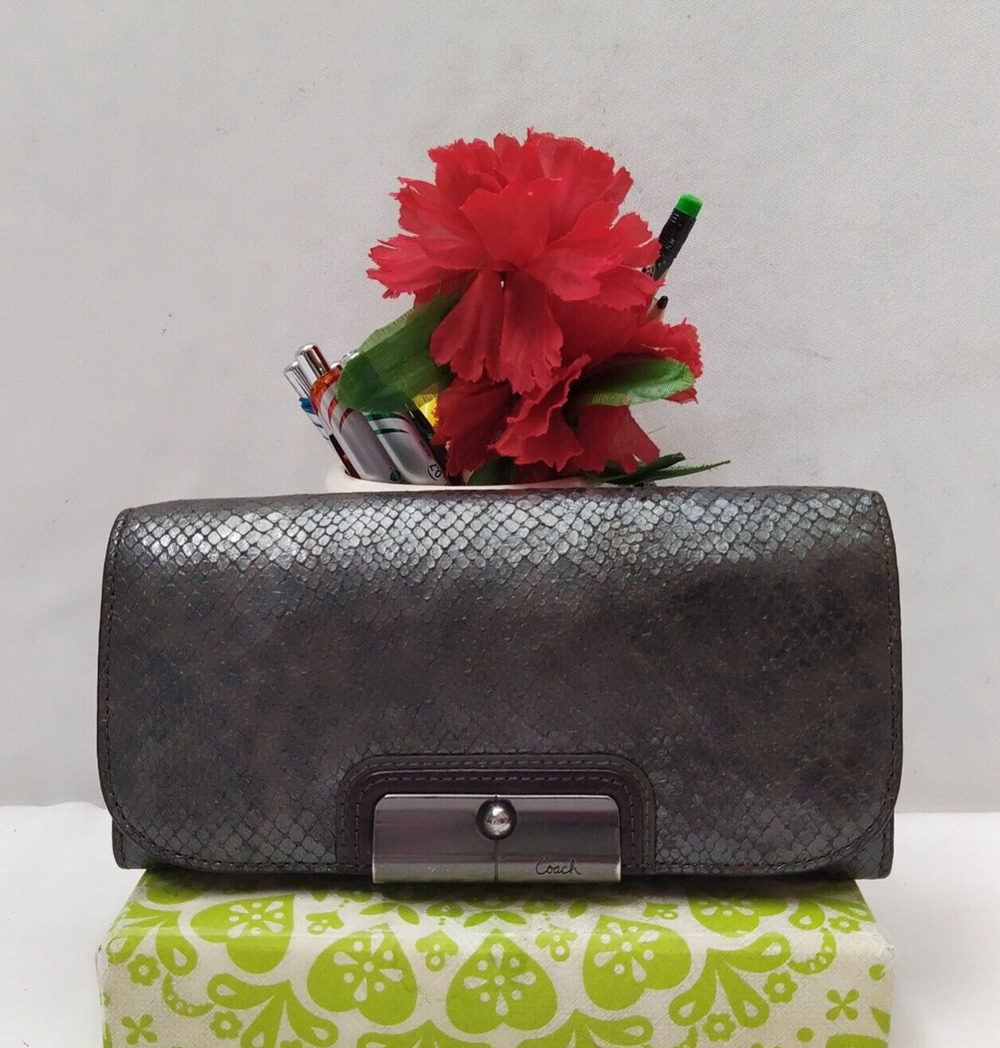 Coach Kristin Dark Gray Leather Snakeskin Embossed Credit Card Bifold Wallet